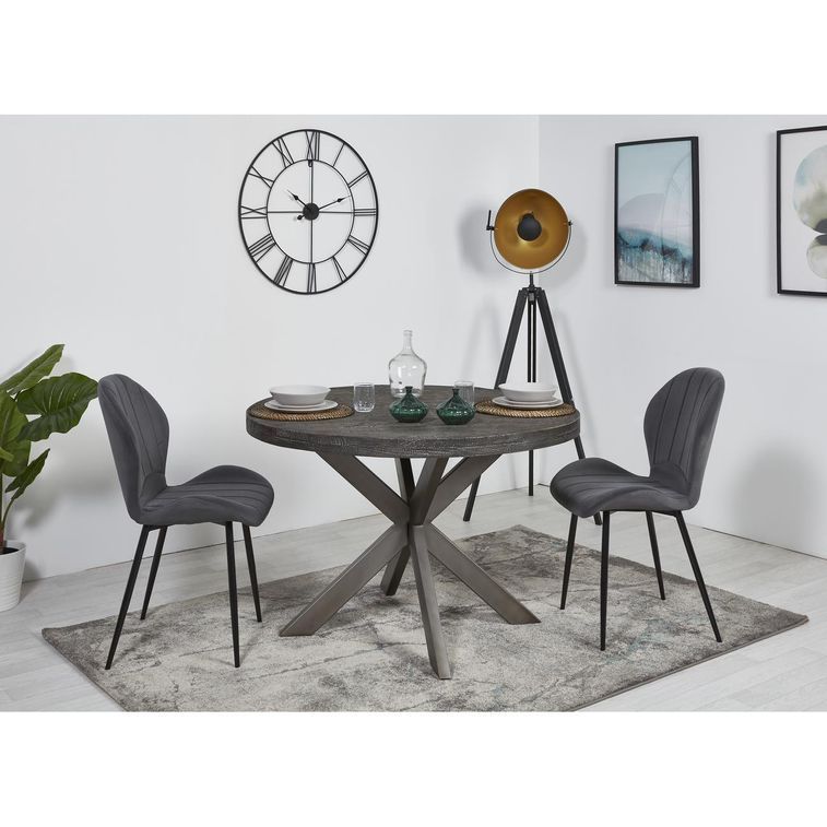 Table ronde 120 cm bois massif gris et pieds métal mat gris Vintal - Photo n°7