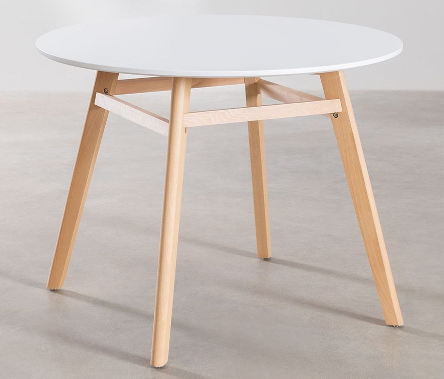 Table ronde 120 cm scandinave blanche et pieds bois clair Bristol - Photo n°1