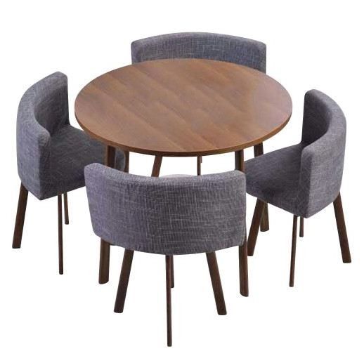 Table ronde bois chêne foncé et 4 chaises tissu gris Manda - Photo n°1