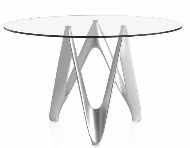 Table ronde design fibre de verre laqué argent Perla - Photo n°1