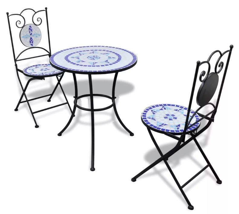 Table ronde et 2 chaises de jardin mosaïquées bleu et blanc Mel - Photo n°1