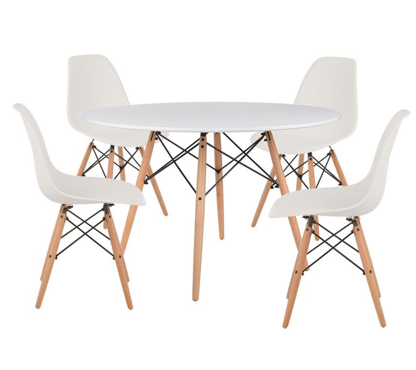 Table ronde scandinave 120 cm et 4 chaises blanc et bois naturel Verda - Photo n°1