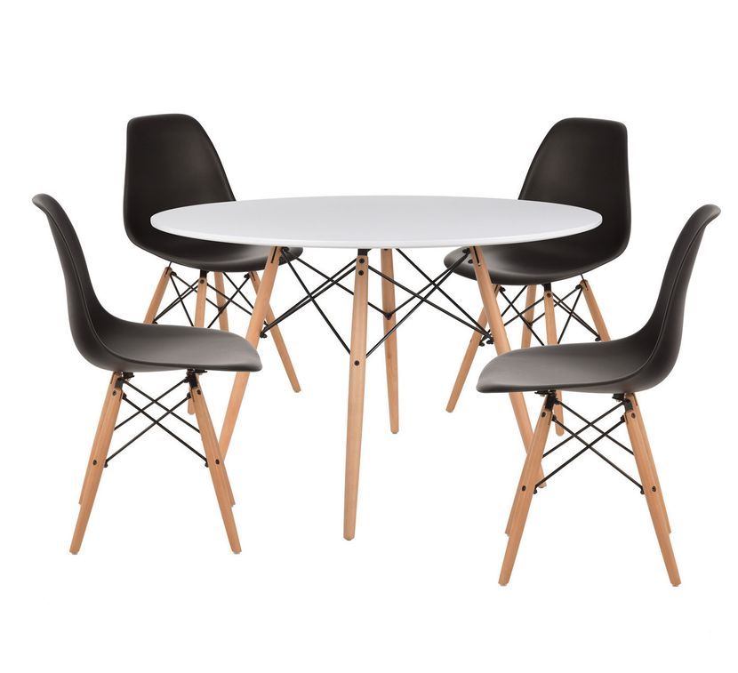 Table ronde scandinave 120 cm et 4 chaises noir et bois naturel Verda - Photo n°1