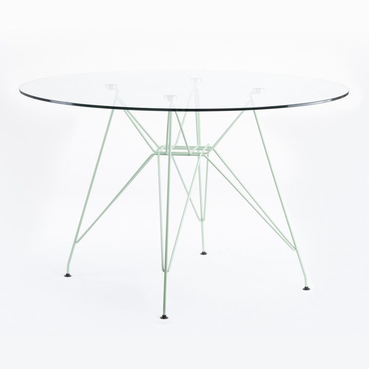 Table ronde verre trempé et pieds acier vert pastel mate Croizy 120 cm - Photo n°1
