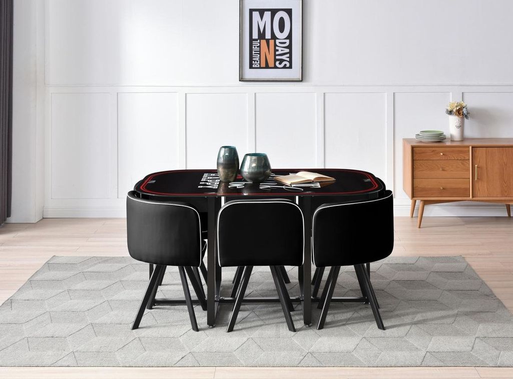 Table verre teinté noir et 6 chaises simili cuir noir pieds métal Sevier 140 cm - Photo n°15