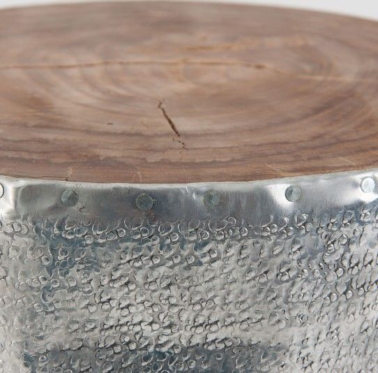 Tabouret bas métal argenté et assise bois massif clair Geish - Photo n°2