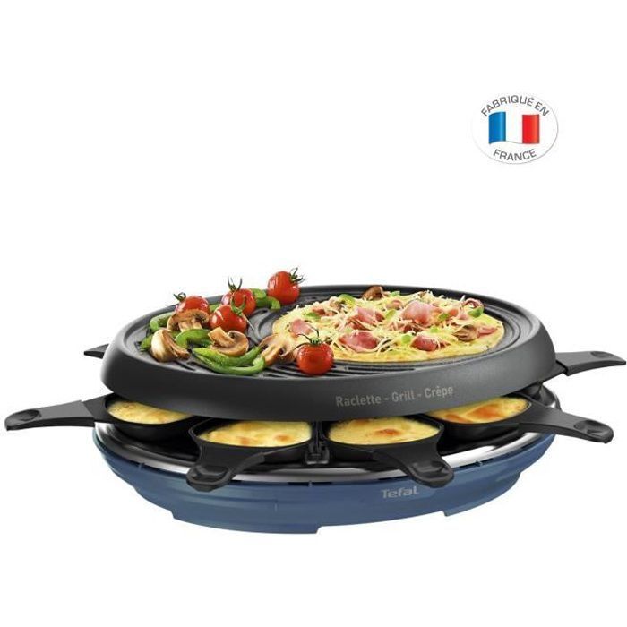 TEFAL RE310401 Colormania Raclette 3 en 1, 8 coupelles, Appareil a raclette grill et crepe, Revetement antiadhésif, bleu acier - Photo n°1