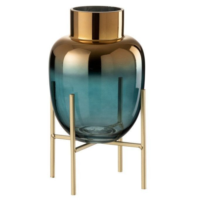 Vase sur pied verre turquoise et doré Geera H 27 cm - Lot de 3 - Photo n°1