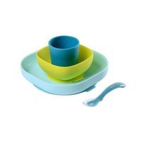 BEABA, Coffret repas Silicone Bébé, Avec Ventouse, Anti-dérapant, 4 Pieces, Assiette + Bol+ Verre + Cuillere, Bleu/vert