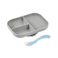 BEABA Set Repas Bébé, Avec Ventouse, Anti dérapant, Assiette Silicone Compartimentée + Cuillere, Sain et Durable, Gris