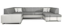 Canapé convertible panoramique bi matières tissu gris clair et simili cuir blanc avec coffre de rangement Houston 320 cm