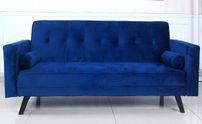 Canapé lit 3 places velours bleu et pieds bois noir Cansy 186 cm