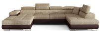 Canapé panoramique tissu beige clair chiné et simili cuir marron convertible avec coffre de rangement Romano 345 cm
