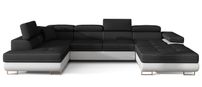 Canapé panoramique tissu noir et simili cuir blanc convertible avec coffre de rangement Romano 345 cm