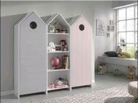 Ensemble 2 armoires enfant gris & rose et 1 bibliothèque blanche bois laqué Camila