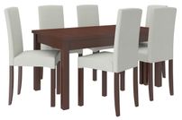 Ensemble table extensible 140/180 cm et 6 chaises en bois Noyer foncé et tissu beige clair Zakria