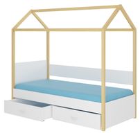 Lit enfant cabane bois pin naturel et bois blanc 90x200 cm avec 2 tiroirs de rangement Forka