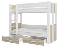 Lit superposé blanc et bois Sonoma 2 couchages 80x180 cm ou 90x200 cm avec tiroirs de rangement Luka