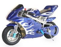 Moto de course PS77 49cc bleu flamme