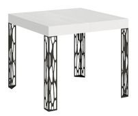 Petite table carrée 90/90 cm extensible 10 personnes 90 à 246 cm blanche et pieds métal gris foncé Gisa