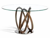 Table à manger ronde design pied torsadé bois couleur noyer et verre transparent Pinta