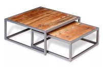 Table basse carrée acacia massif clair et métal gris Babola- Lot de 2