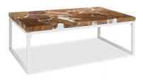 Table basse rectangulaire teck massif clair et pieds métal blanc Mita