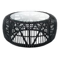 Table basse ronde verre et rotin noir mat Bialli