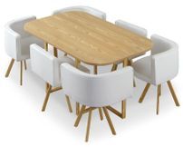Table bois chêne clair et 6 chaises similicuir blanc Manda