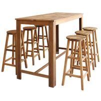 Table de bar rectangulaire bois d'acacia massif et 6 tabourets naturel Mulko