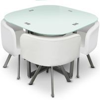 Table et 4 chaises verre blanc et pieds métal chromé Mozza