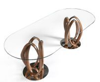 Table ovale plateau verre trempé et pieds bois noyer incurvé Pinta 240 cm