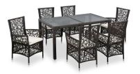 Table rectangulaire et 6 chaises de jardin résine tressée marron coussins blanc Kaila