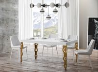 Table rectangulaire extensible orientale 6 à 20 personnes L 160 à 420 cm blanc brillant et pieds métal doré Kazay