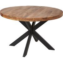 Table ronde 120 cm bois massif acacia naturel et pieds croisés acier noir Vintal