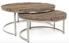 2 tables basses gigognes LIKANO – bois massif recyclé & acier nickel – Ø70 et Ø90 cm