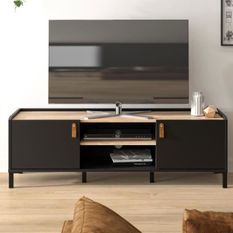 AMSTERDAM Meuble TV - Style industriel - Décor chene noir - L 136 x P 40 x H 44 cm