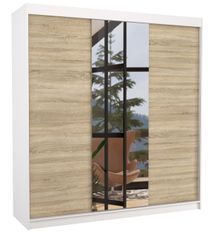 Armoire chambre adulte 2 portes coulissantes bois blanc et naturel avec miroir Zafa 200 cm