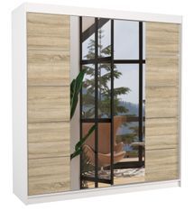 Armoire chambre adulte 2 portes coulissantes bois blanc et naturel avec miroir Dalia 200 cm
