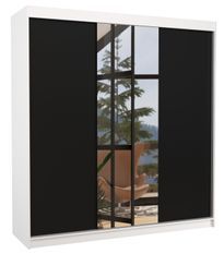 Armoire chambre adulte 2 portes coulissantes bois blanc et noir avec miroir Zafa 200 cm