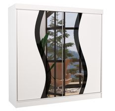 Armoire chambre adulte 2 portes coulissantes bois blanc et noir brillant avec miroir Biken 200 cm