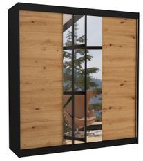 Armoire chambre adulte 2 portes coulissantes bois noir et artisan avec miroir Zafa 200 cm