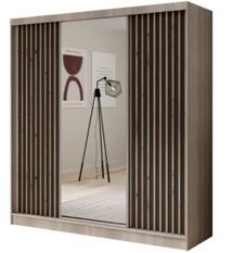 Armoire coulissante ANTIKA 200 cm avec miroir et lattes décor bois