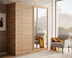 Armoire coulissante BIZEN avec lames décor bois et miroir