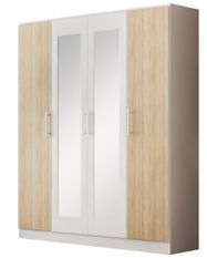 Armoire de chambre 4 portes battantes bois blanc brillant et bois naturel mat Dova 162 cm