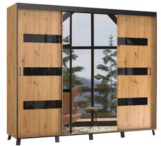 Armoire de chambre à 2 ou 3 portes coulissantes bois clair et noir avec miroir Tokani - 4 tailles
