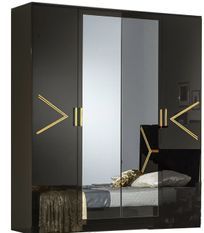 Armoire de chambre design 4 portes battantes bois noir laqué et métal doré Diamanto 182 cm