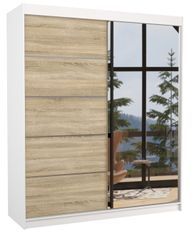 Armoire de chambre design blanche 2 portes coulissantes bois clair et alu avec miroir Karena 180 cm