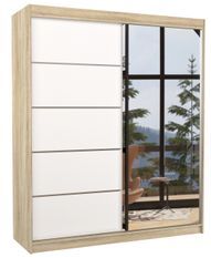Armoire de chambre design bois clair 2 portes coulissantes bois blanc et alu avec miroir Karena 180 cm