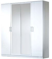 Armoire de chambre moderne 4 portes battantes bois blanc laqué et miroir Mona 181 cm
